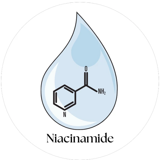 Molecular structure of Niacinamide in a water droplet on a white background