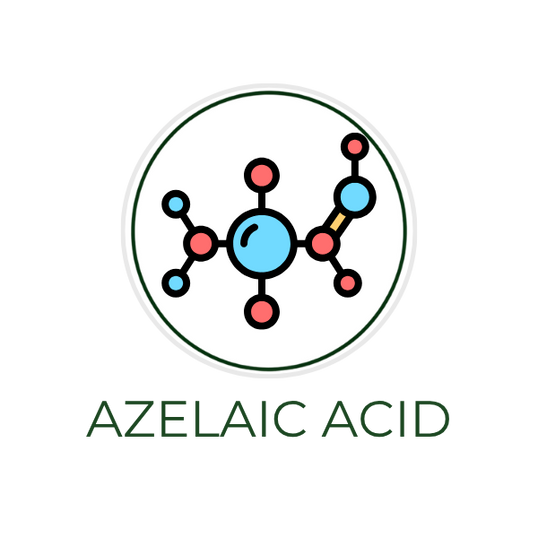 White circular icon featuring a stylized molecular structure, with the ingredient name "Azelaic Acid" displayed on the image, alongside the Skin TOGO website.
