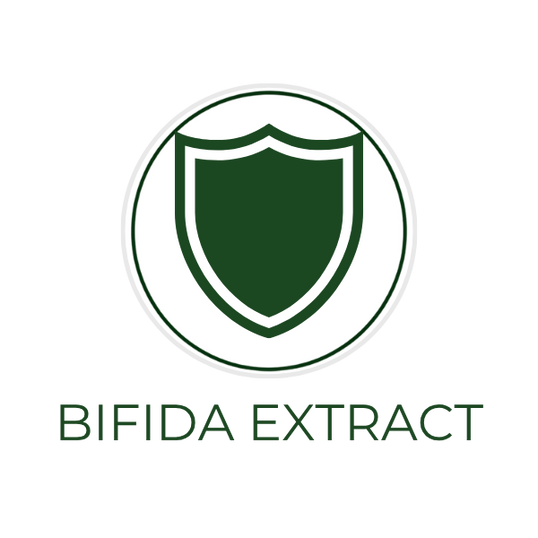 White circular icon featuring probiotic bacteria or a fermentation symbol, with the ingredient name Bifida Extract displayed on the image, alongside the Skin TOGO website.

