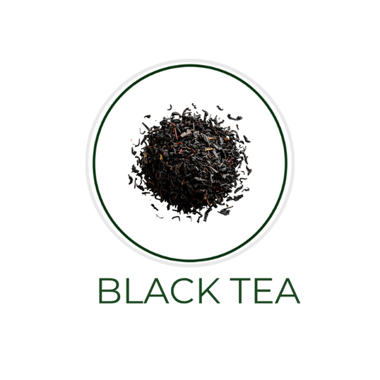 White circular icon featuring black tea leaves, with the ingredient name Black Tea displayed on the image, alongside the Skin TOGO website.
