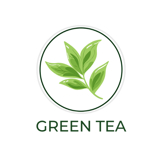 White circular icon featuring green tea leaves, with the ingredient name "Green Tea" displayed on the image, alongside the Skin TOGO website.