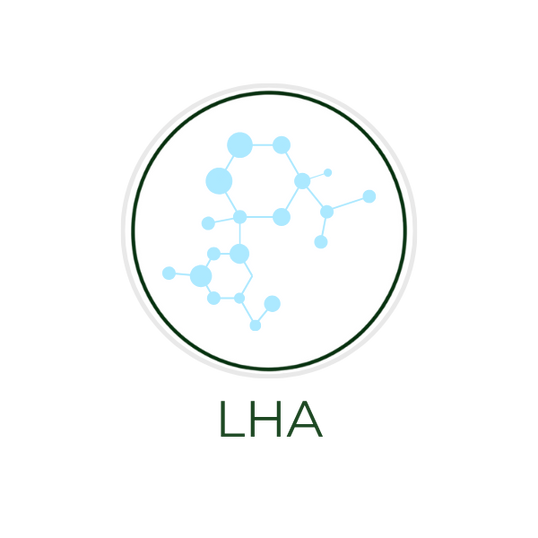 White circular icon featuring a molecular structure illustration, with the ingredient name LHA displayed on the image, alongside the Skin TOGO website.
