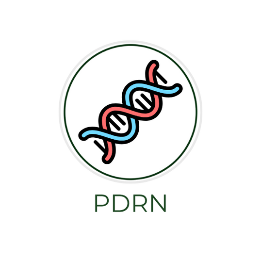 White circular icon featuring a DNA strand or molecular structure illustration, with the ingredient name PDRN displayed on the image, alongside the Skin TOGO website.