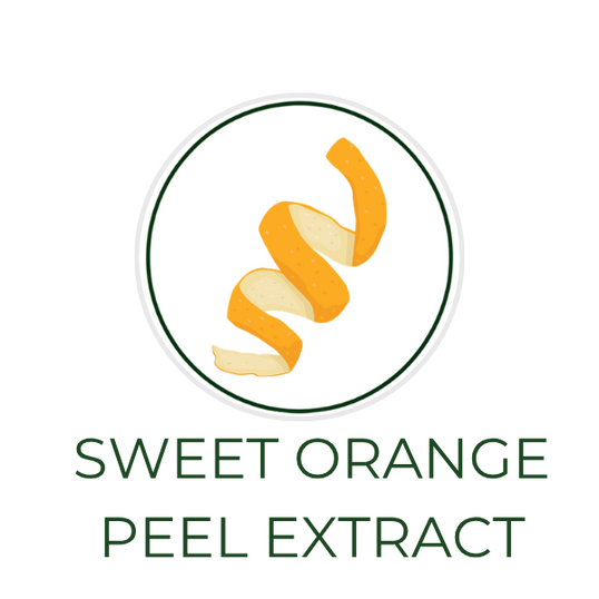 White circular icon featuring orange peels, with the ingredient name Sweet Orange Peel Extract displayed on the image, alongside the Skin TOGO website.