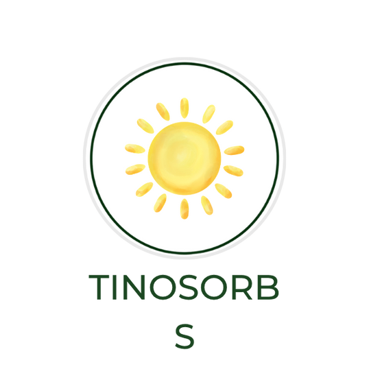 White circular icon featuring a UV protection symbol, with the ingredient name "Tinosorb S" displayed on the image, alongside the Skin TOGO website.
