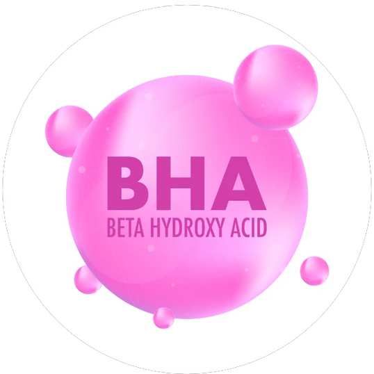 Pink BHA (Beta Hydroxy Acid) droplet with text on a white background