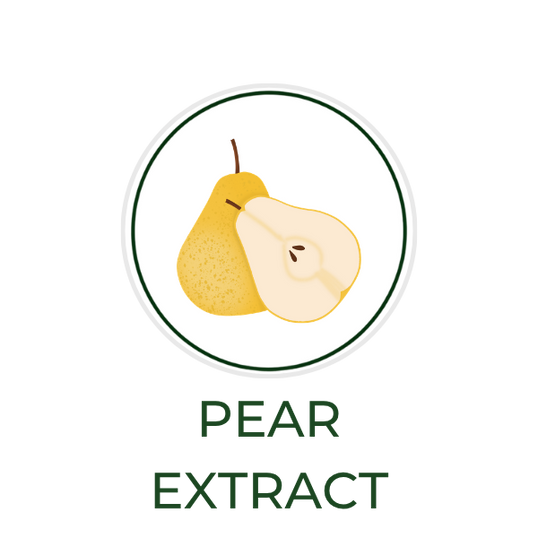 White circular icon featuring a pear illustration, with the ingredient name "Pear Extract" displayed on the image.