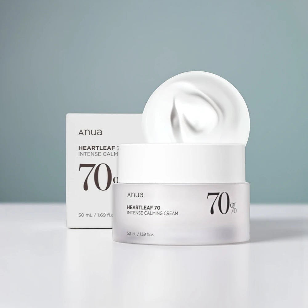 Skin TOGO Anua Heartleaf 70 Intense Calming Cream in a white jar with a swirl of rich white moisturizer on top.