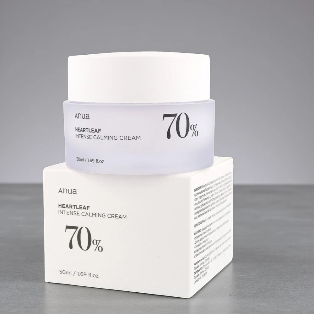 Skin TOGO Anua Heartleaf 70 Intense Calming Cream jar and box, a soothing moisturizer for sensitive skin.