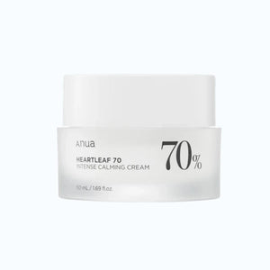 Skin TOGO Anua Heartleaf 70 Intense Calming Cream in a white 50ml jar for soothing sensitive and irritated skin.
