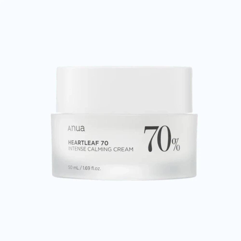 Skin TOGO Anua Heartleaf 70 Intense Calming Cream in a white 50ml jar for soothing sensitive and irritated skin.