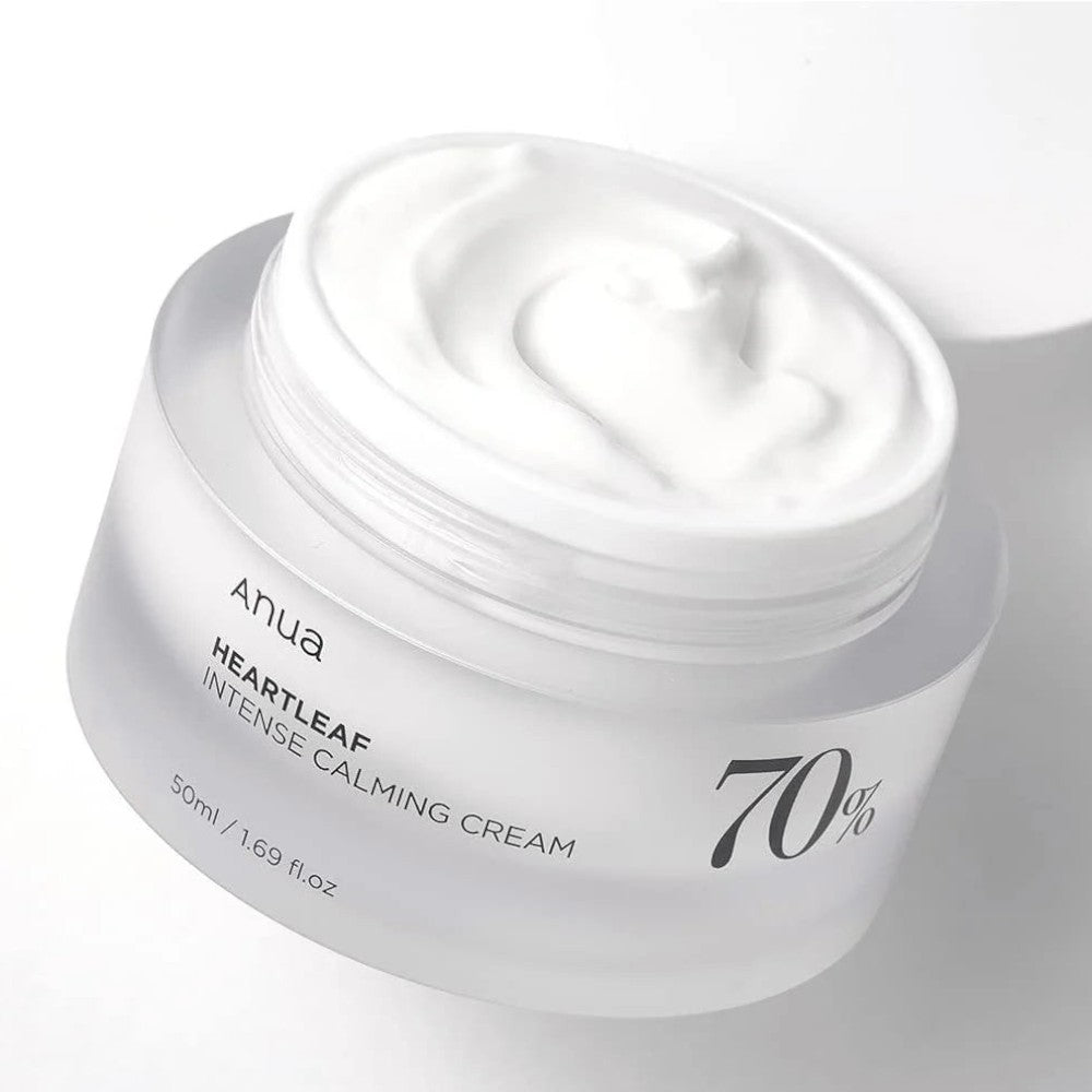 Skin TOGO Anua Heartleaf 70 Intense Calming Cream in a frosted glass jar with white soothing moisturizer texture