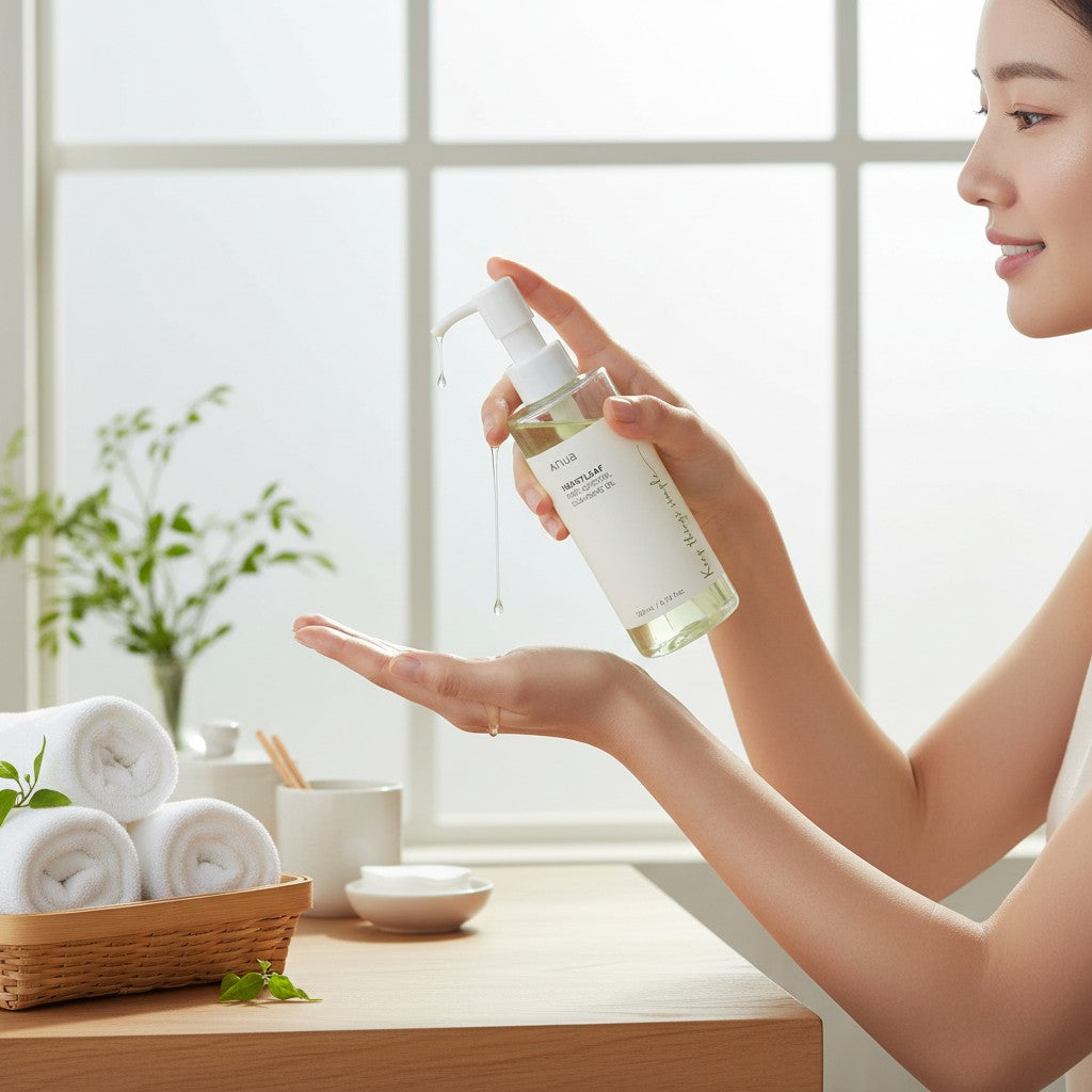 Skin TOGO model using Anua Heartleaf Pore Control Cleansing Oil, dispensing clear oil into her palm in a bright room.