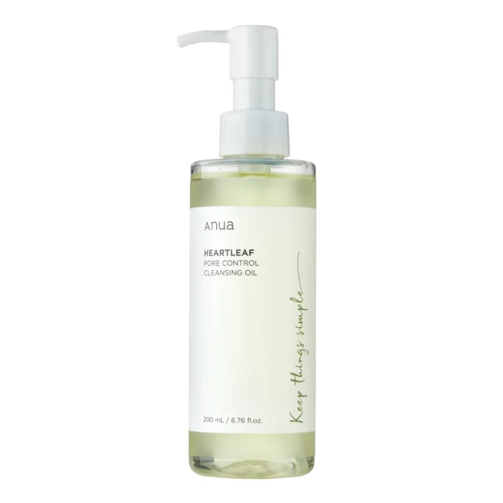 Skin TOGO Anua Heartleaf Pore Control Cleansing Oil in a 200ml clear pump bottle for deep pore cleansing.