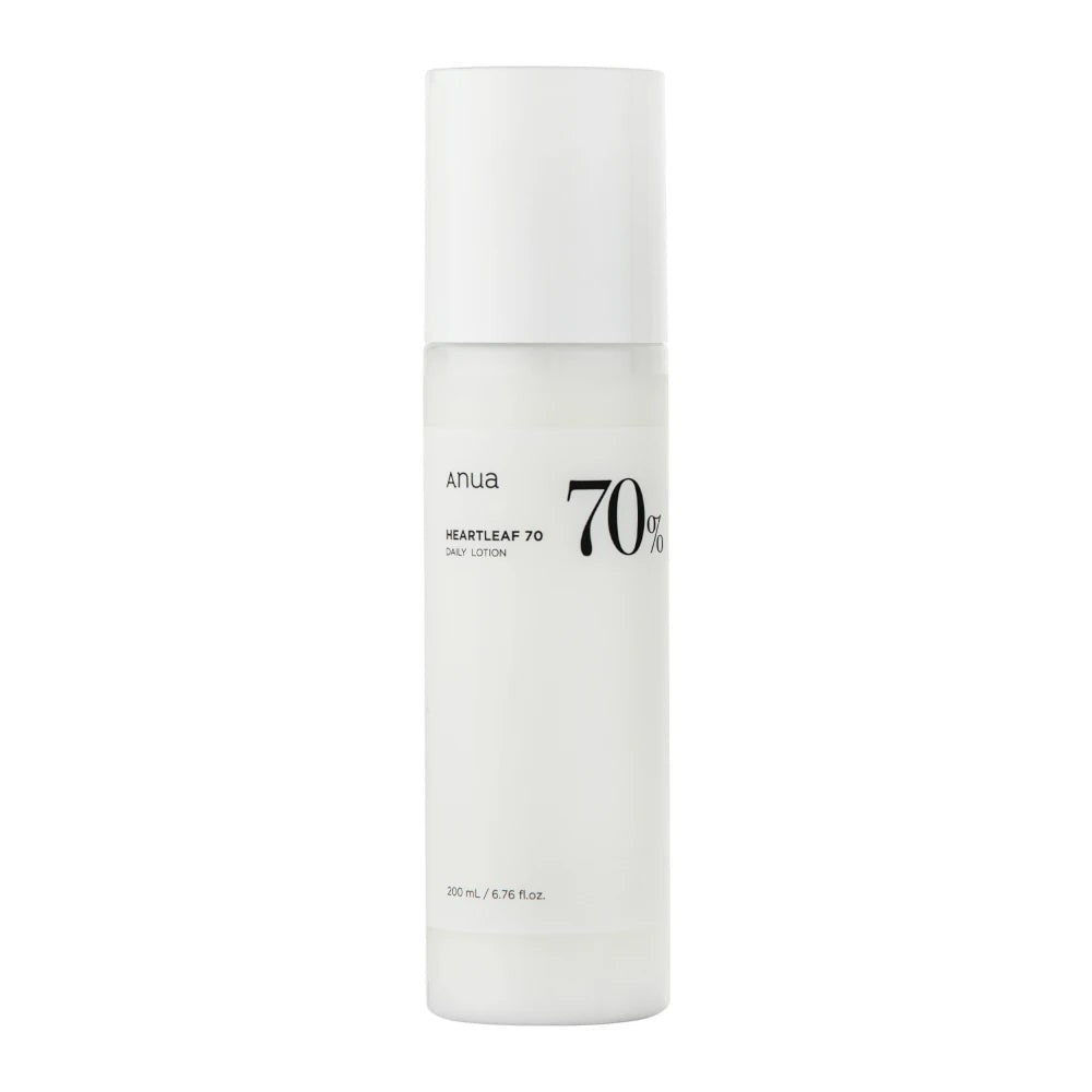 Skin TOGO Anua Heartleaf 70% Daily Lotion in a white 200ml pump bottle for soothing sensitive skin.