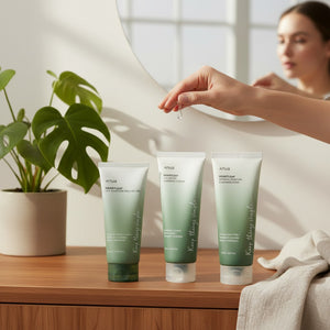 Skin TOGO Anua Heartleaf LHA Moisture Peeling Gel and cleansers on a wooden vanity with a hand applying product.
