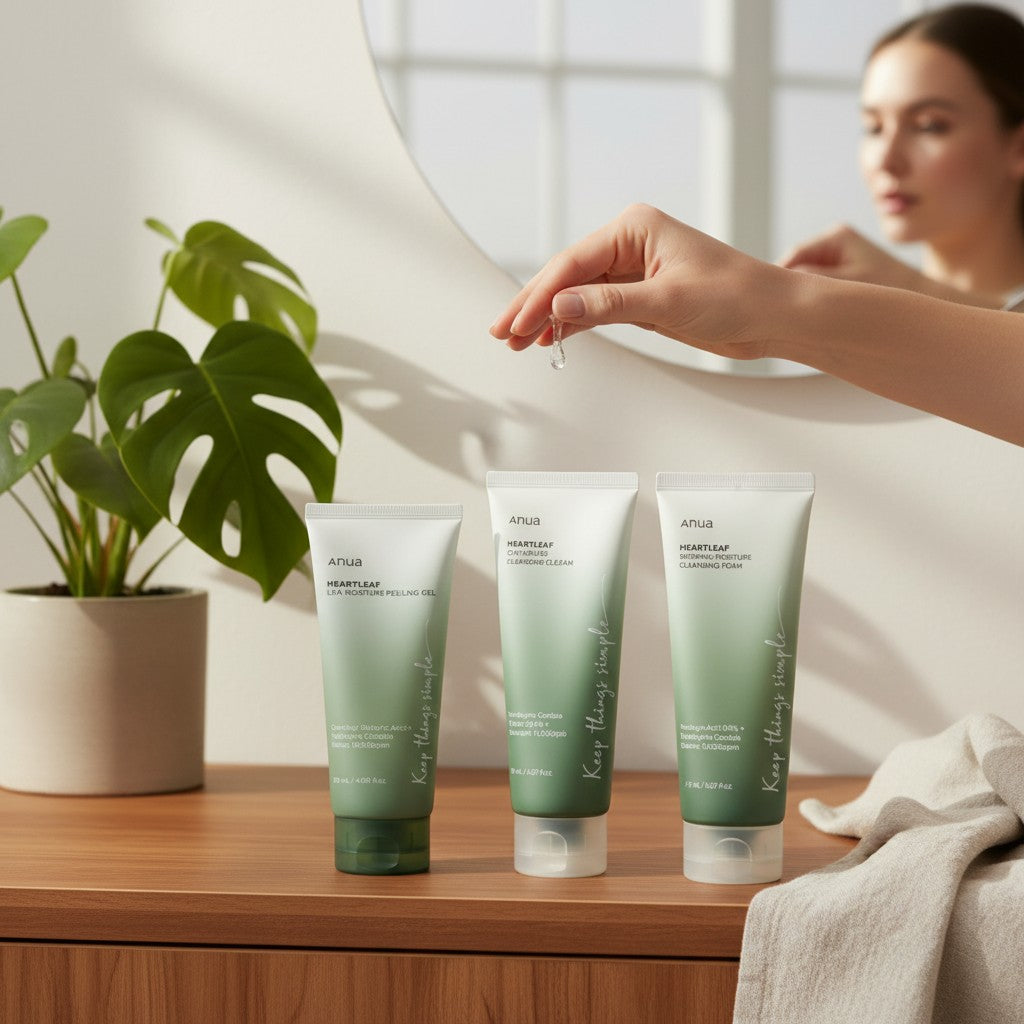 Skin TOGO Anua Heartleaf LHA Moisture Peeling Gel and cleansers on a wooden vanity with a hand applying product.