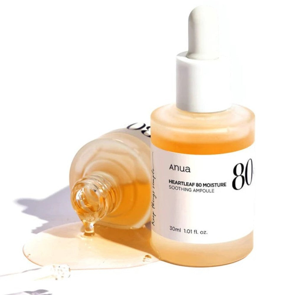 Skin TOGO Anua Heartleaf 80% Soothing Ampoule in a 30ml glass dropper bottle with a light golden serum texture.