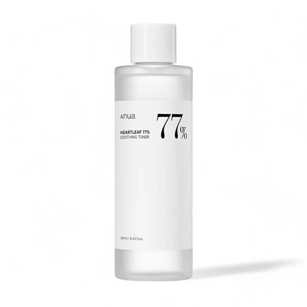 Skin TOGO Anua Heartleaf 77 Soothing Toner in a clear 250ml bottle for sensitive skin care.