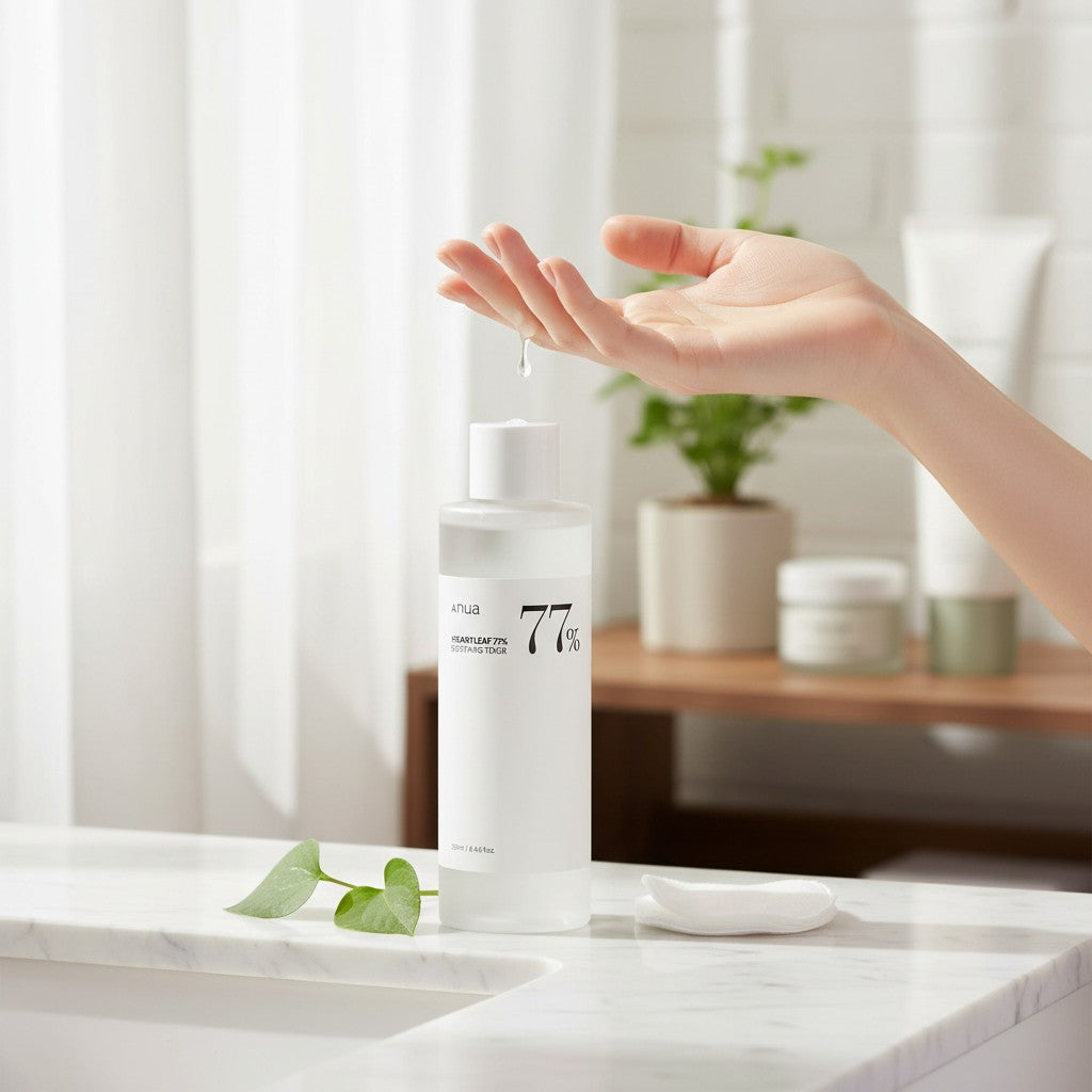 Skin TOGO Anua Heartleaf 77 Soothing Toner being poured into a hand on a marble bathroom counter with a plant
