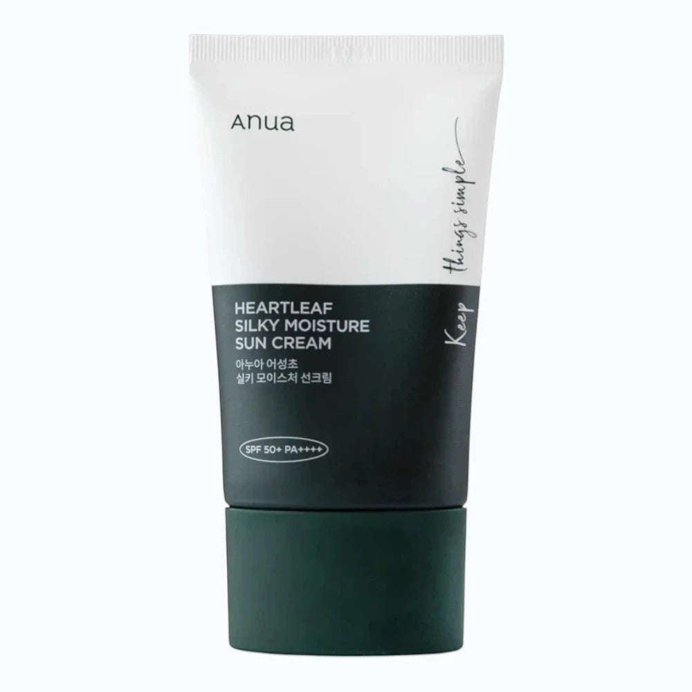 Skin TOGO Anua Heartleaf Silky Moisture Sun Cream SPF50+ in a white and dark green 50ml tube.