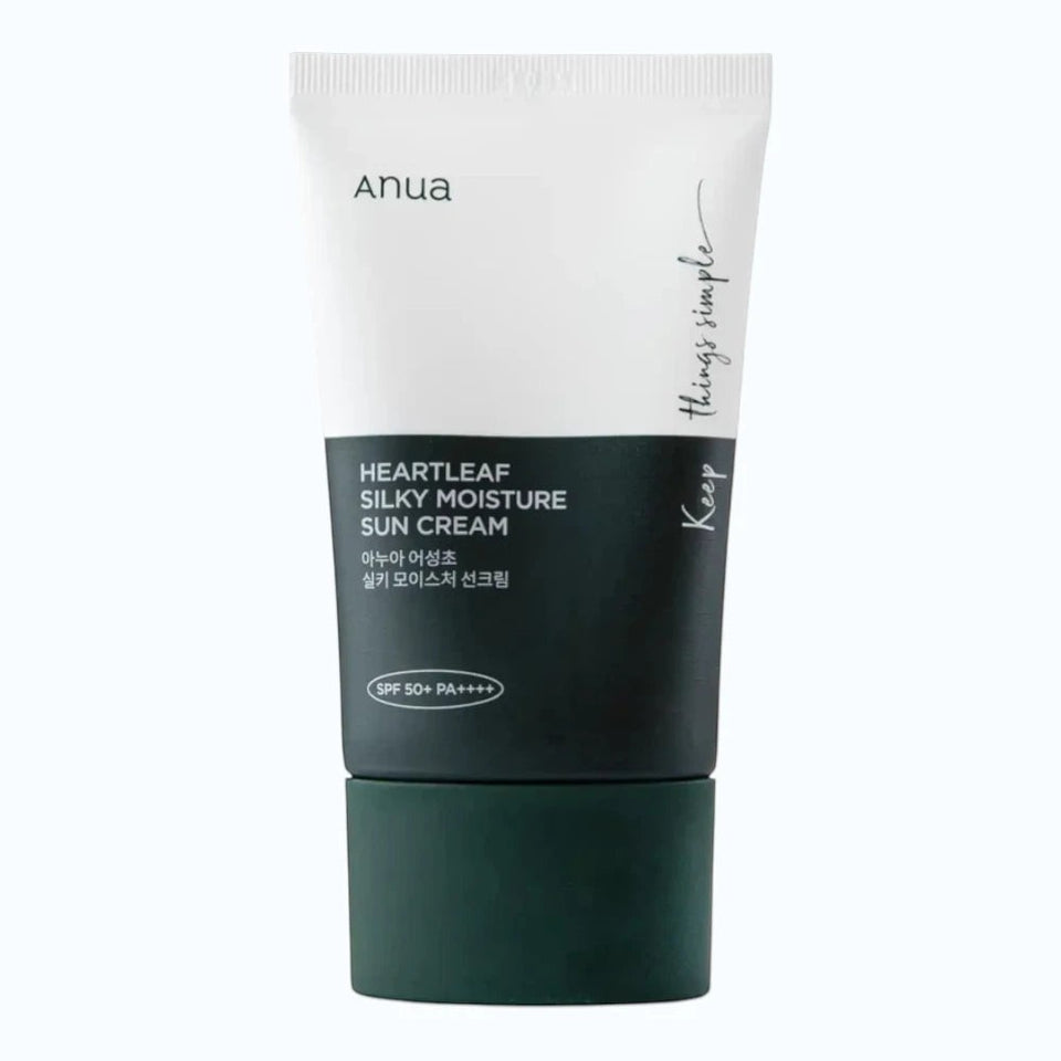 Skin TOGO Anua Heartleaf Silky Moisture Sun Cream SPF50+ in a white and dark green 50ml tube.