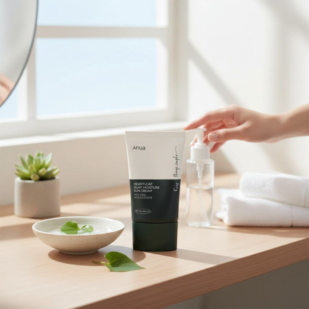 Skin TOGO Anua Heartleaf Silky Moisture Sun Cream SPF50+ tube on a wooden table with a small bowl and green leaf.