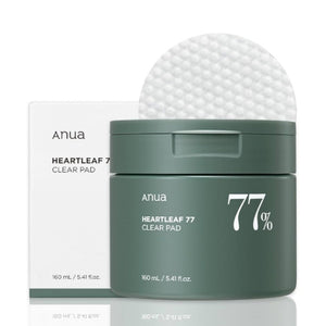 Skin TOGO Anua Heartleaf 77% Clear Pad toner pads in a green jar with a textured cotton pad on top and white box.