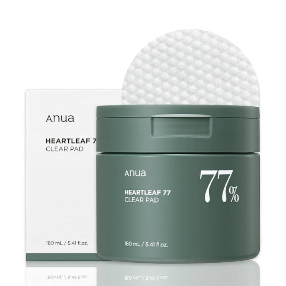 Skin TOGO Anua Heartleaf 77% Clear Pad toner pads in a green jar with a textured cotton pad on top and white box.