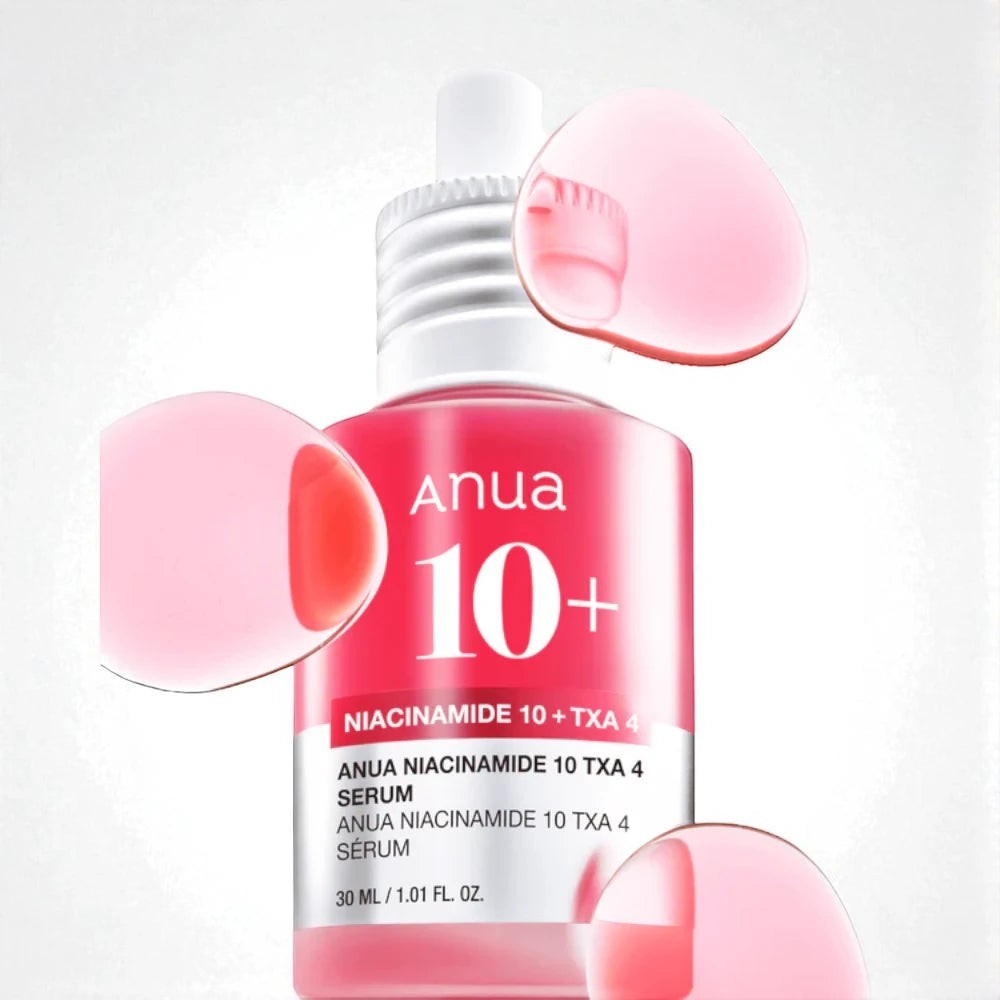 Skin TOGO Anua Niacinamide 10% + TXA 4% brightening serum in a 30ml pink bottle with floating liquid droplets.