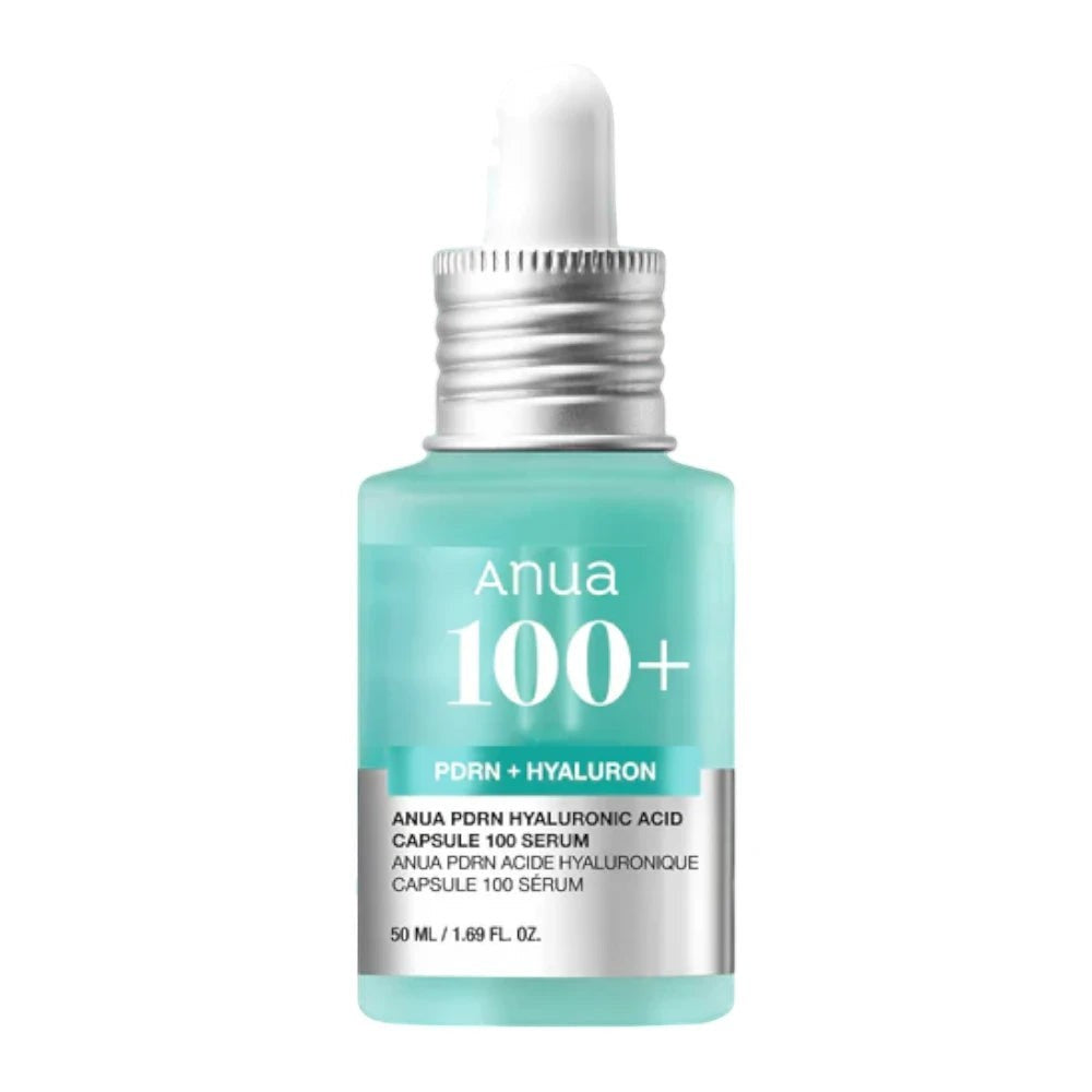 Skin TOGO Anua PDRN Hyaluronic Acid Capsule 100 Serum in a light blue glass bottle with a silver dropper cap.