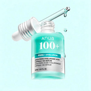Skin TOGO Anua PDRN Hyaluronic Acid Capsule 100 Serum in a teal glass bottle with a glass dropper on a light blue background.