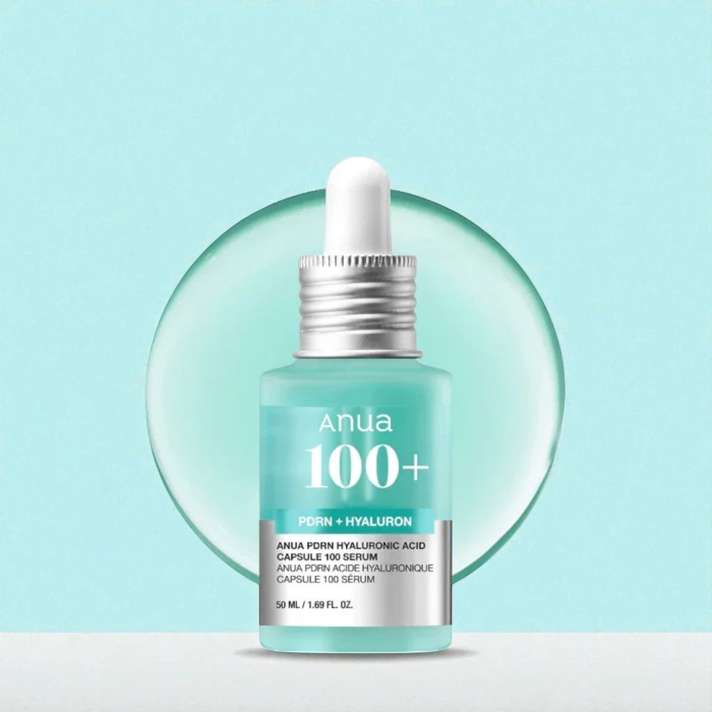 Skin TOGO Anua PDRN Hyaluronic Acid Capsule 100 Serum in a glass dropper bottle with a light blue liquid.