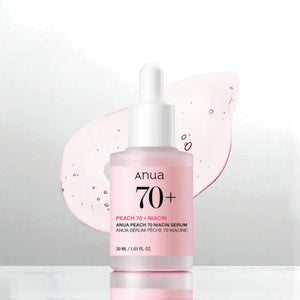 Skin TOGO Anua Peach 70% Niacin Serum in a 30ml glass dropper bottle with a soft pink tint and peach extract.