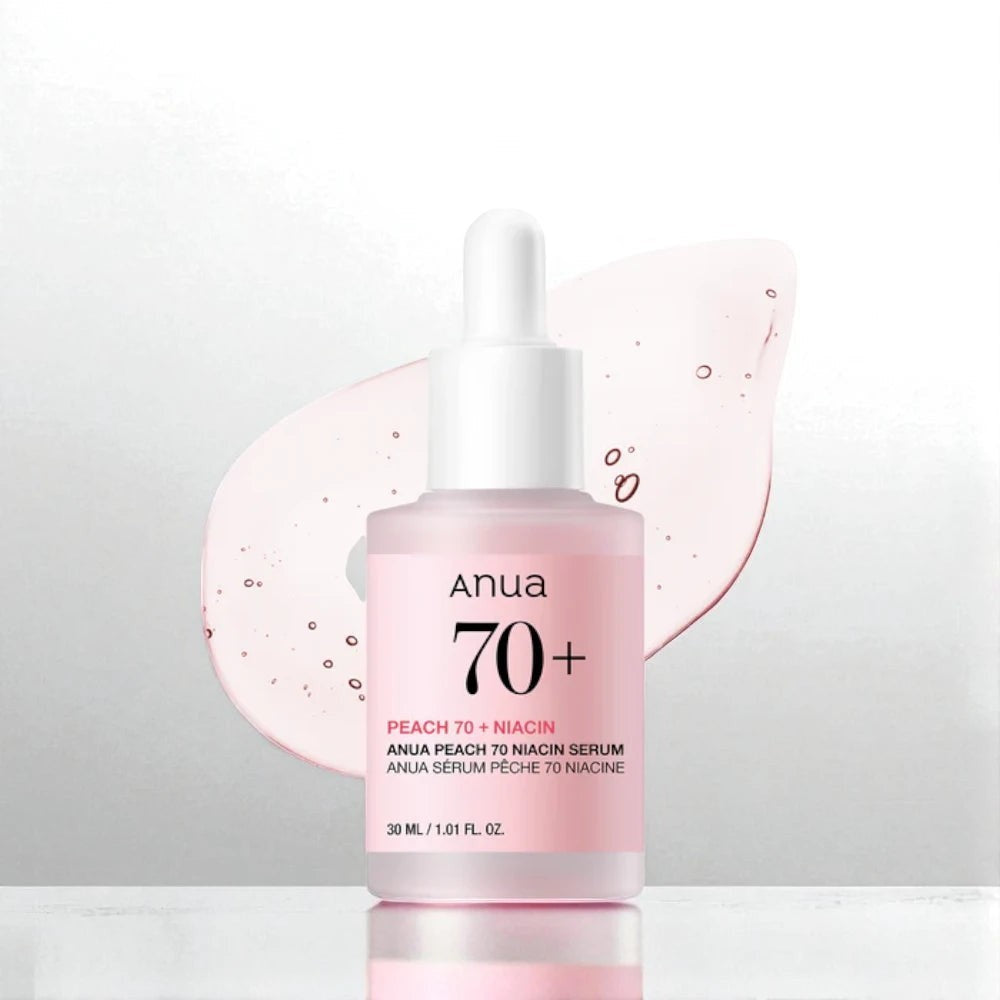 Skin TOGO Anua Peach 70% Niacin Serum in a 30ml glass dropper bottle with a soft pink tint and peach extract.