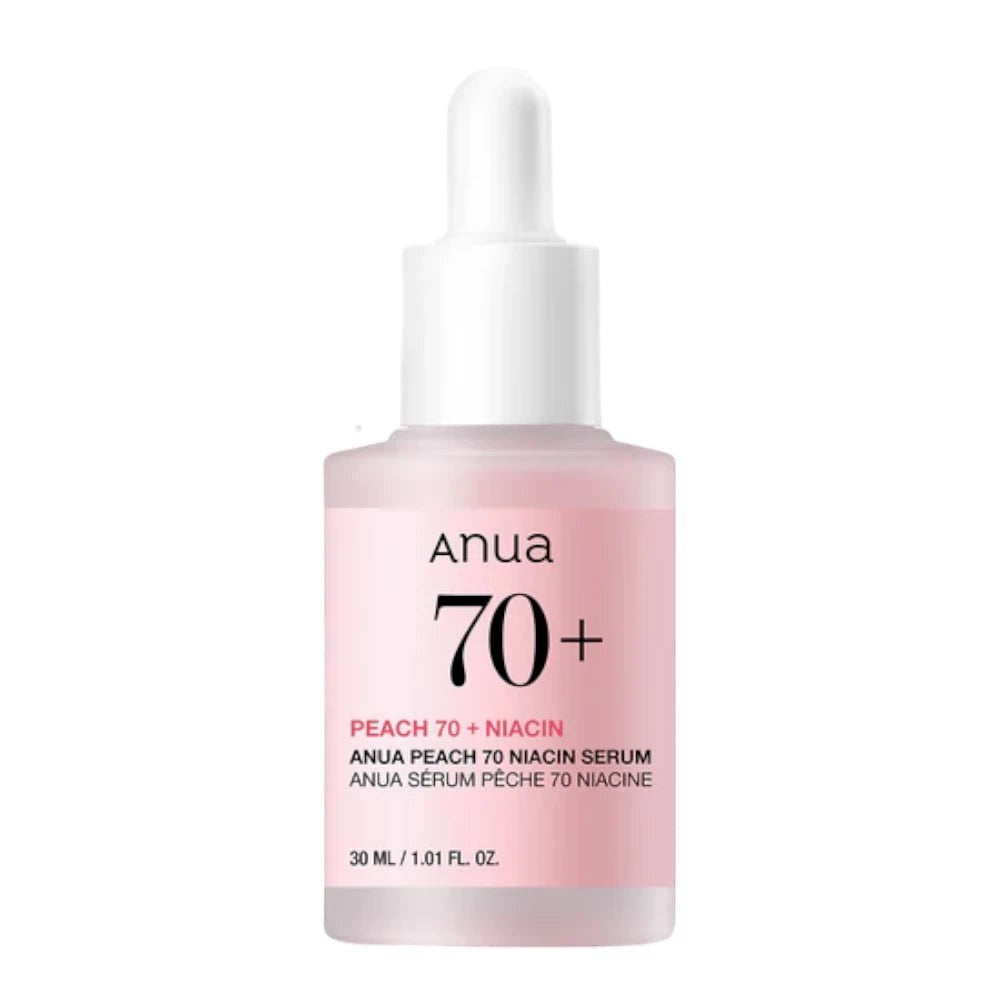 Skin TOGO Anua Peach 70% Niacin Serum in a 30ml glass dropper bottle for brightening and hydrating skin.