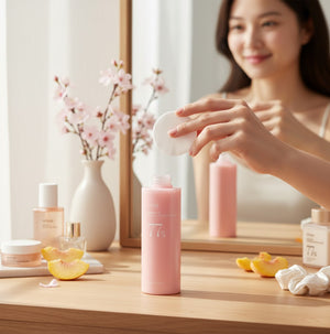 Skin TOGO Anua Peach 77 Niacin Conditioning Milk Toner bottle on a vanity with a woman using a cotton pad.