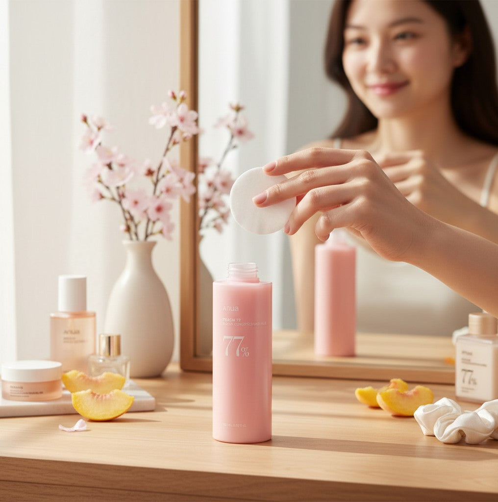Skin TOGO Anua Peach 77 Niacin Conditioning Milk Toner bottle on a vanity with a woman using a cotton pad.