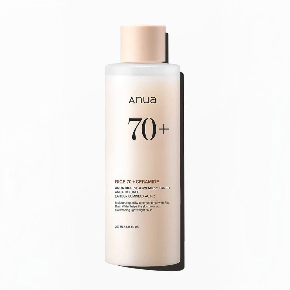 Skin TOGO Anua Rice 70 Glow Milky Toner in a 250ml bottle for brightening and hydrating dull skin.