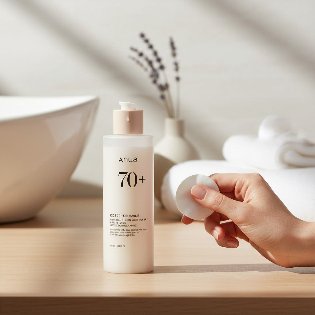 Skin TOGO Anua Rice 70 Glow Milky Toner bottle with a hand holding a cotton pad in a bright, minimalist bathroom.