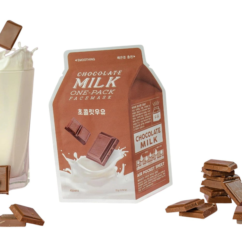 Skin TOGO A'PIEU Milk One Pack chocolate sheet mask with milk splash and cocoa pieces for skin nourishment