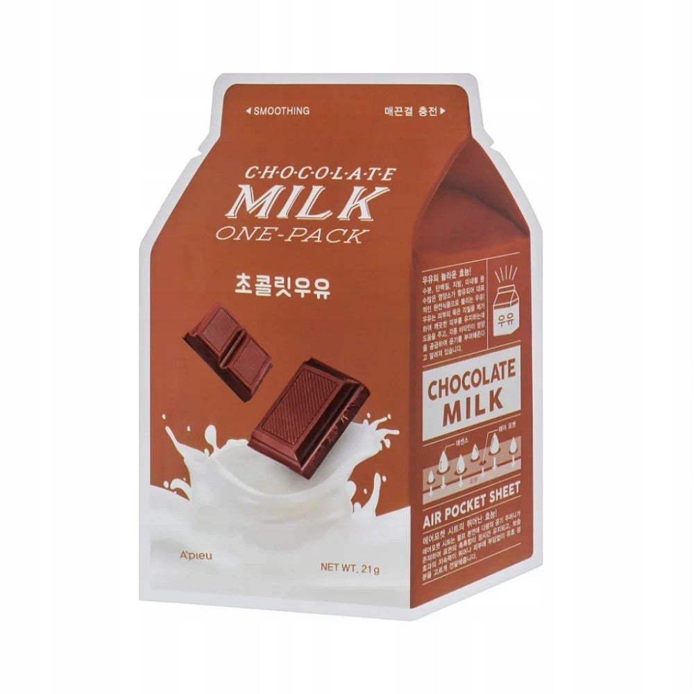 Skin TOGO A'pieu Milk One Pack Chocolate sheet mask in a brown milk carton-shaped pouch with cocoa illustrations.