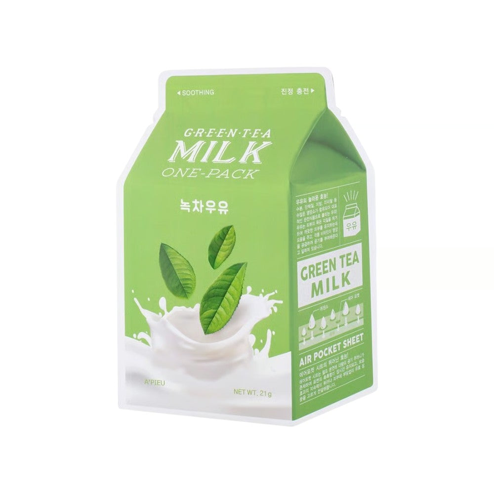 Skin TOGO A'PIEU Milk One Pack Green Tea sheet mask in a light green carton-shaped pouch with milk splash graphic.