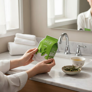 Skin TOGO A'PIEU Milk One Pack Green Tea sheet mask held by hands in a bright bathroom setting.