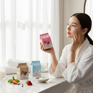 Skin TOGO A'pieu Milk One Pack chocolate sheet mask held by a woman in a white robe in a bright, serene setting.
