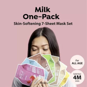 Skin TOGO A'pieu Milk One Pack sheet mask set featuring a woman holding various milk-themed facial masks