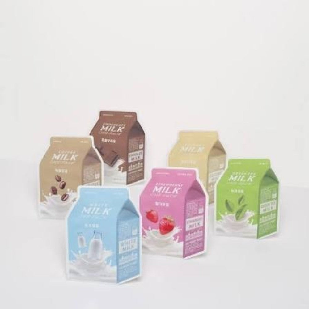 Skin TOGO collection of A'PIEU Milk One Pack sheet masks in various milk carton-shaped packaging designs