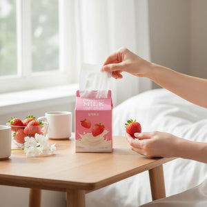 Skin TOGO A'PIEU Milk One Pack strawberry sheet mask in a pink carton box being opened by a person at a wooden table
