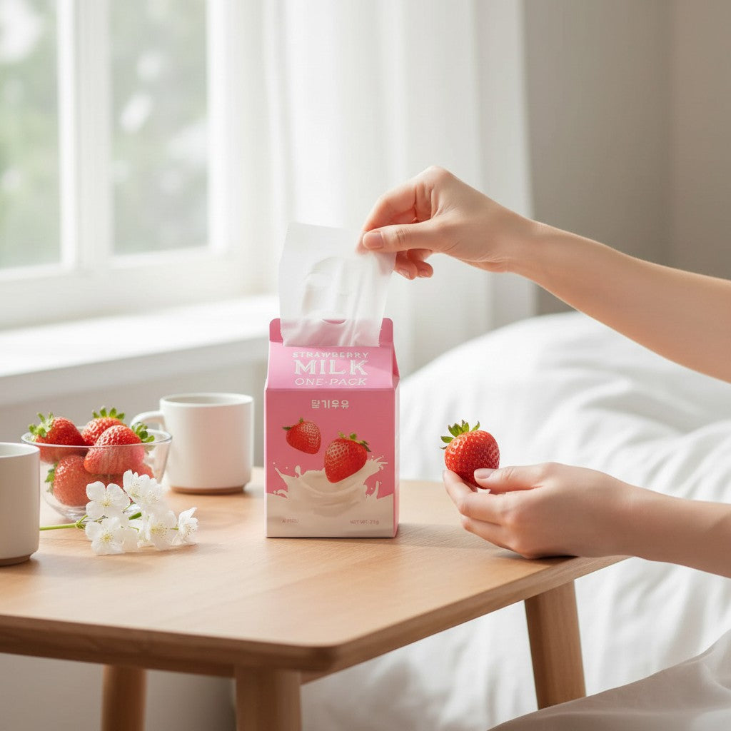 Skin TOGO A'PIEU Milk One Pack strawberry sheet mask in a pink carton box being opened by a person at a wooden table
