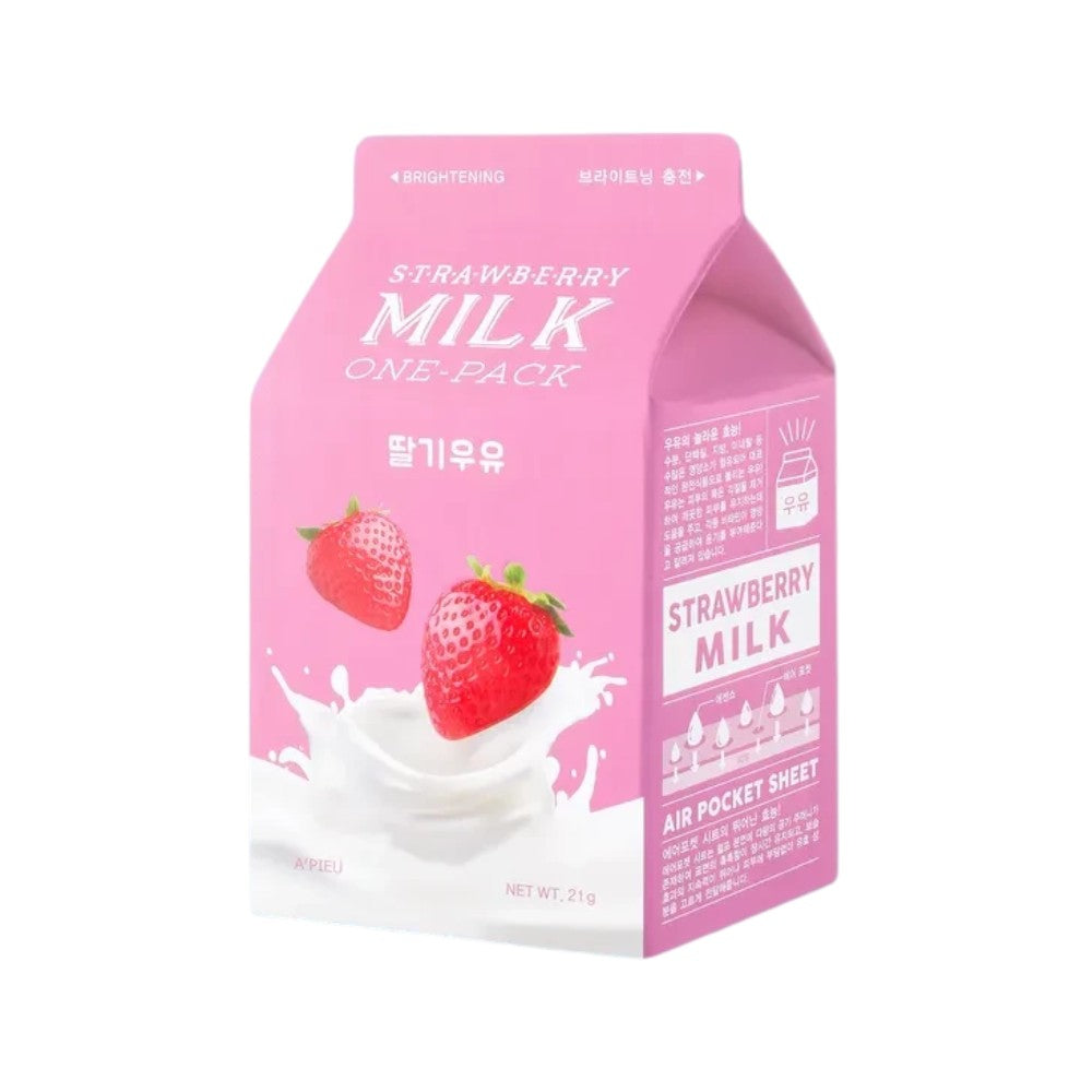Skin TOGO A'PIEU Milk One Pack strawberry sheet mask in a pink carton-shaped package with fresh strawberry graphics.